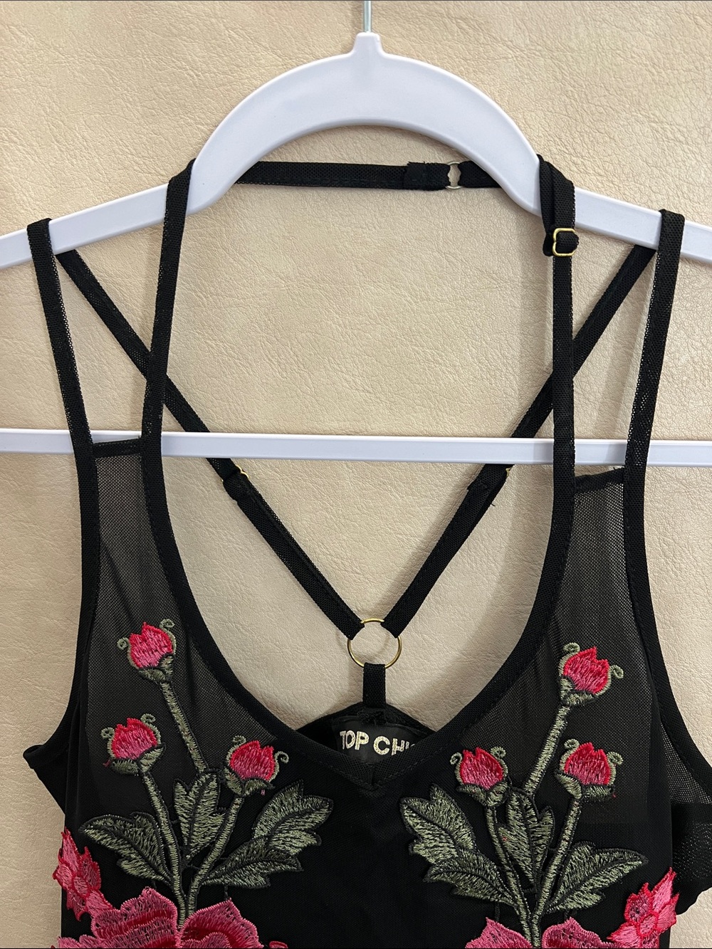 TOP CHIC Black Mesh Floral Embroidered Bodysuit with Pink Roses - Picture 6 of 13